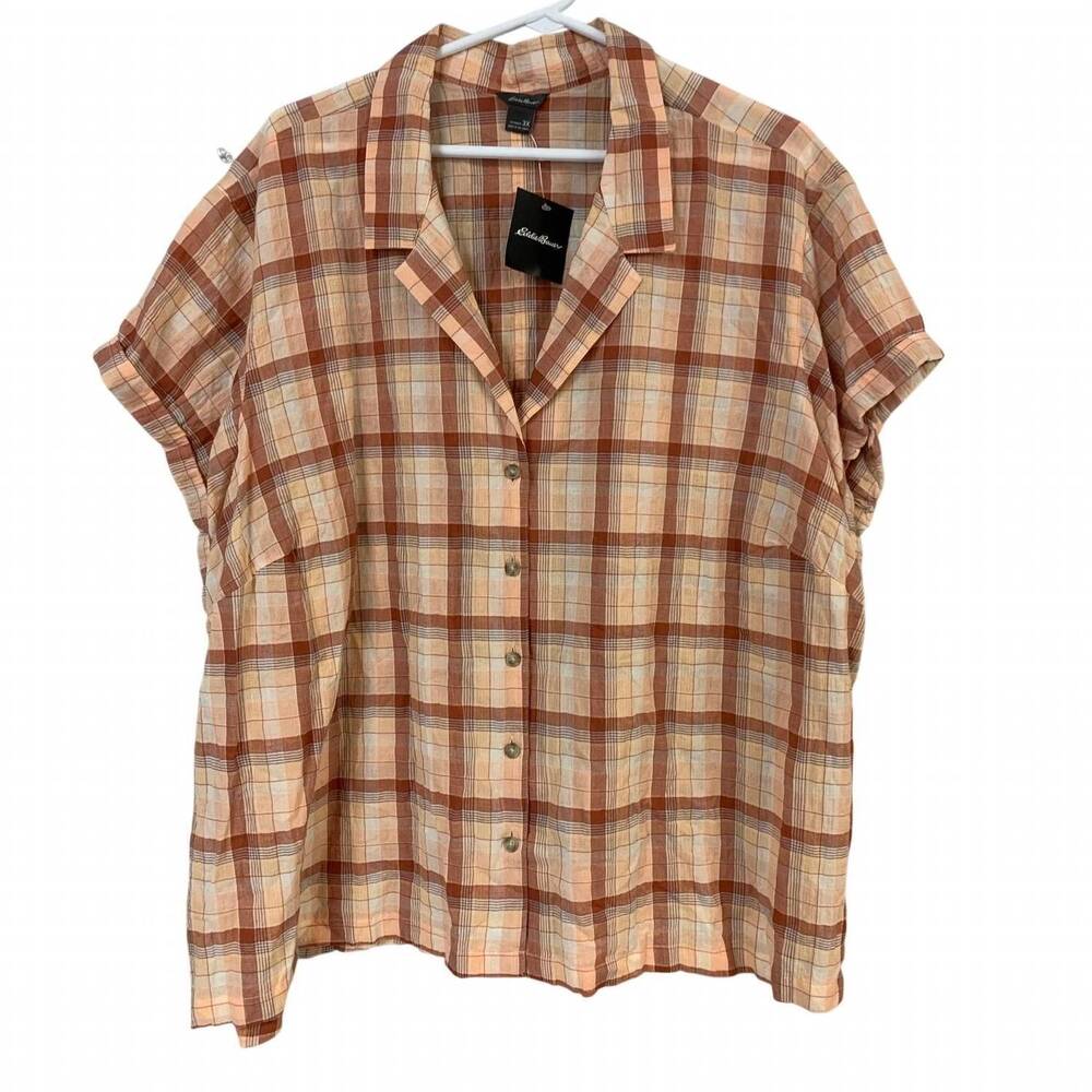 NEW EDDIE BAUER women's packable button up camp shirt - plus in apricot
